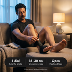 Man on a sofa turning the dial on his night splint: one dial, one size fits 18 to 30 cm, open heel and toes