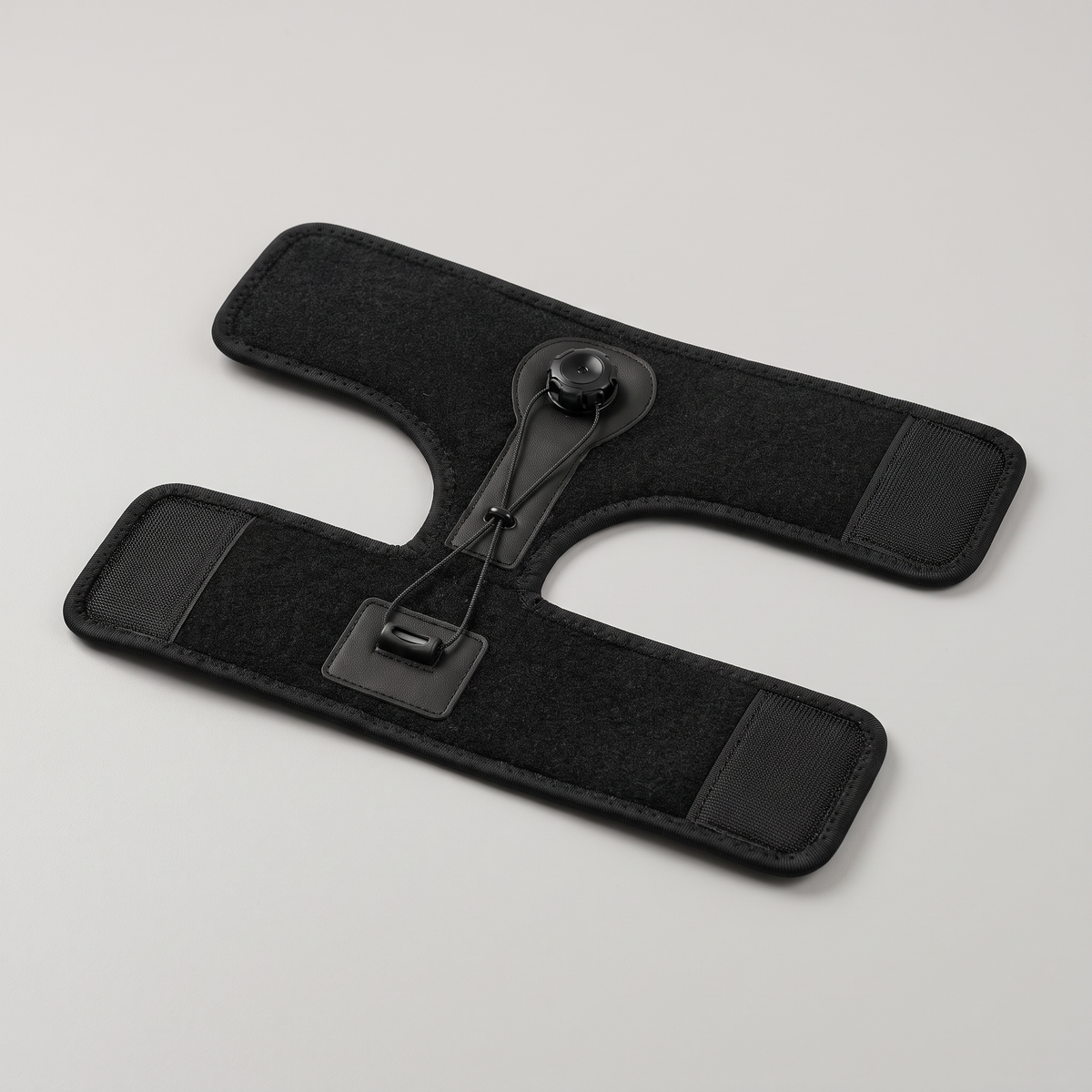 Night splint opened out flat on a table, showing the calf band, foot band, dial and cable