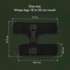 One-size night splint laid flat with its measurements: wraps legs 18 to 30 cm round
