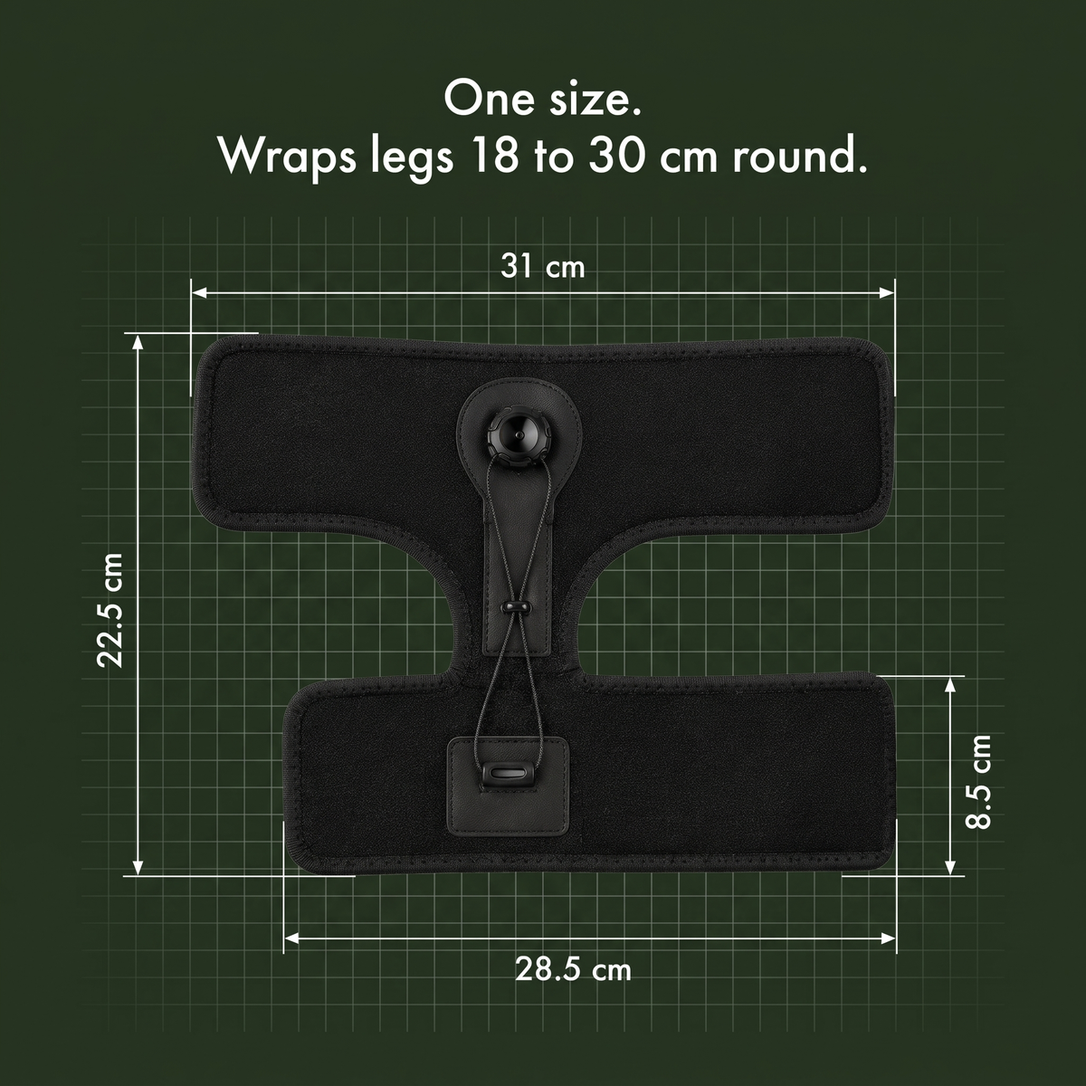 One-size night splint laid flat with its measurements: wraps legs 18 to 30 cm round