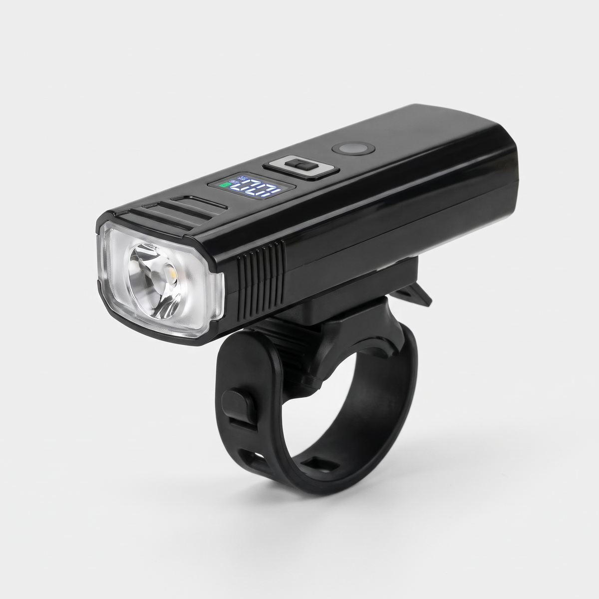 Terrabound rechargeable front bike light on its handlebar bracket and rubber strap