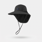Black sun hat with neck flap, front three-quarter view