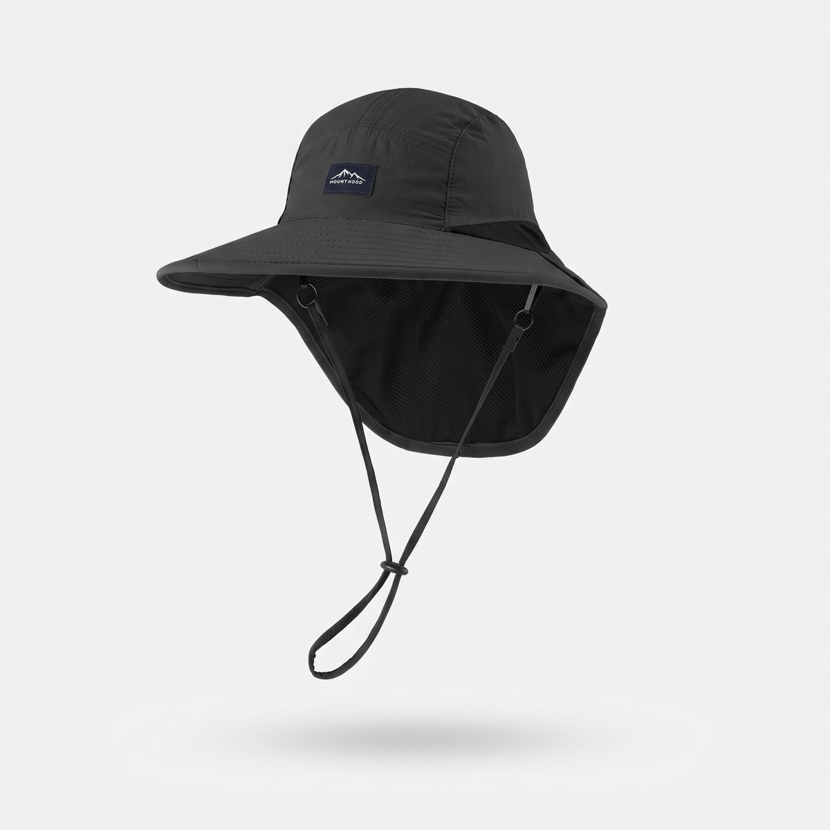 Black sun hat with neck flap, front three-quarter view