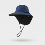 Blue sun hat with neck flap, front three-quarter view