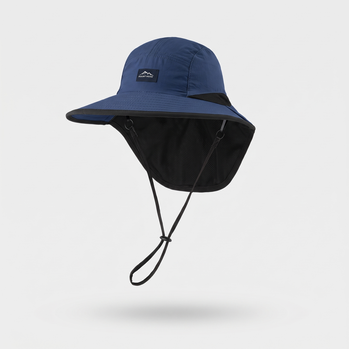 Blue sun hat with neck flap, front three-quarter view