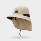 Sand Beige sun hat with neck flap, front three-quarter view