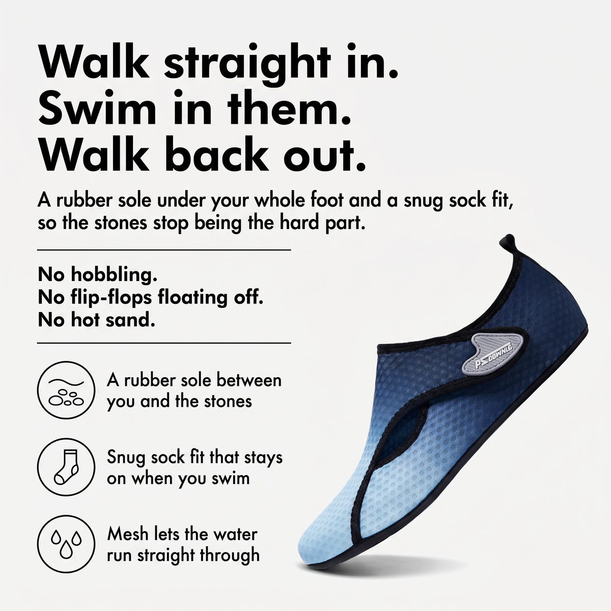 How Terrabound water shoes work: a rubber sole, a snug sock fit and mesh that lets water through