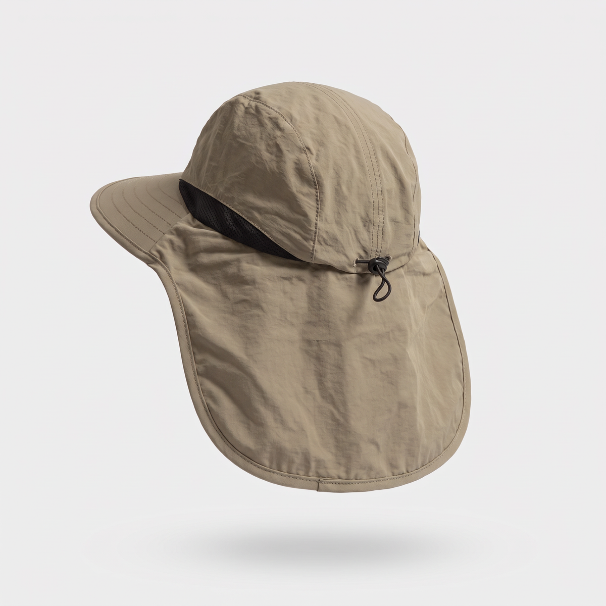 Rear three-quarter view of the sun hat showing the neck flap and back drawcord toggle