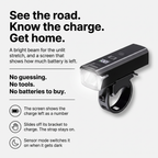 Front bike light infographic: see the road, know the charge, get home