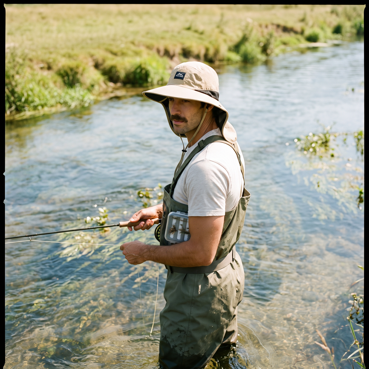 Angler wearing the sun hat with neck flap while fly fishing in a sunny chalk stream