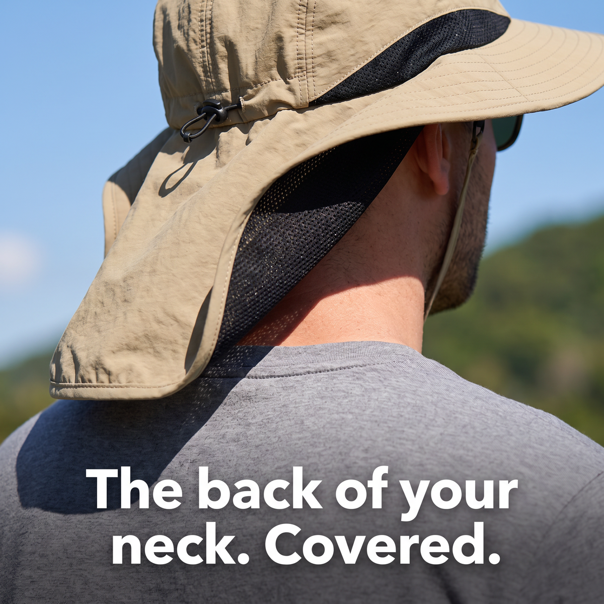 Back view of the neck flap covering the back of a man's neck in bright sun