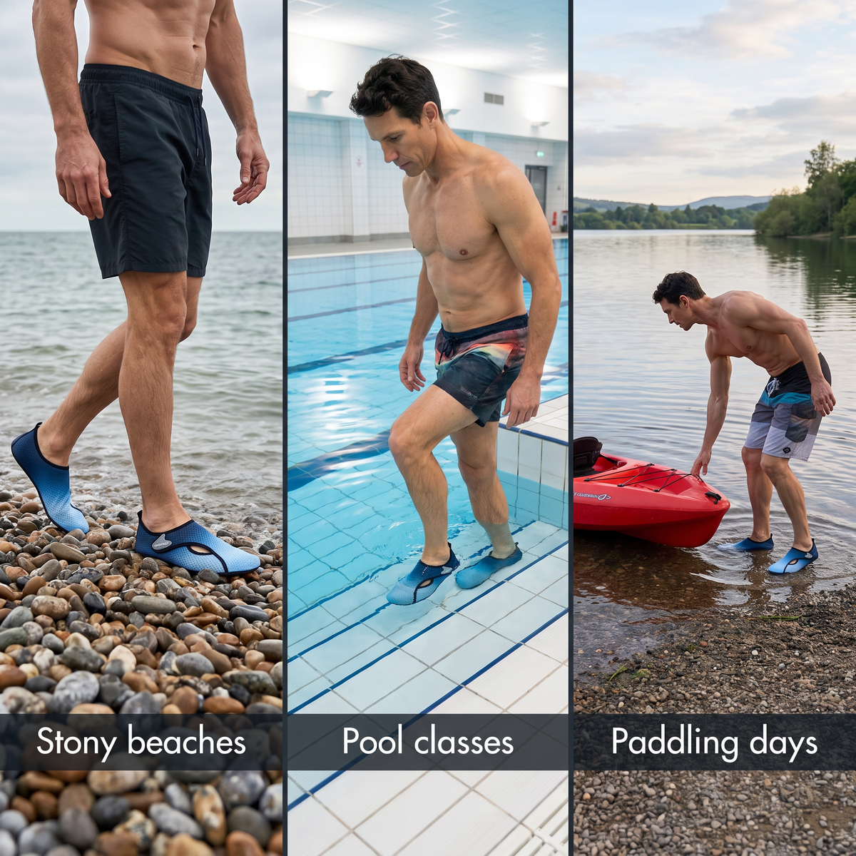 Terrabound water shoes on a stony beach, at a pool class and launching a kayak