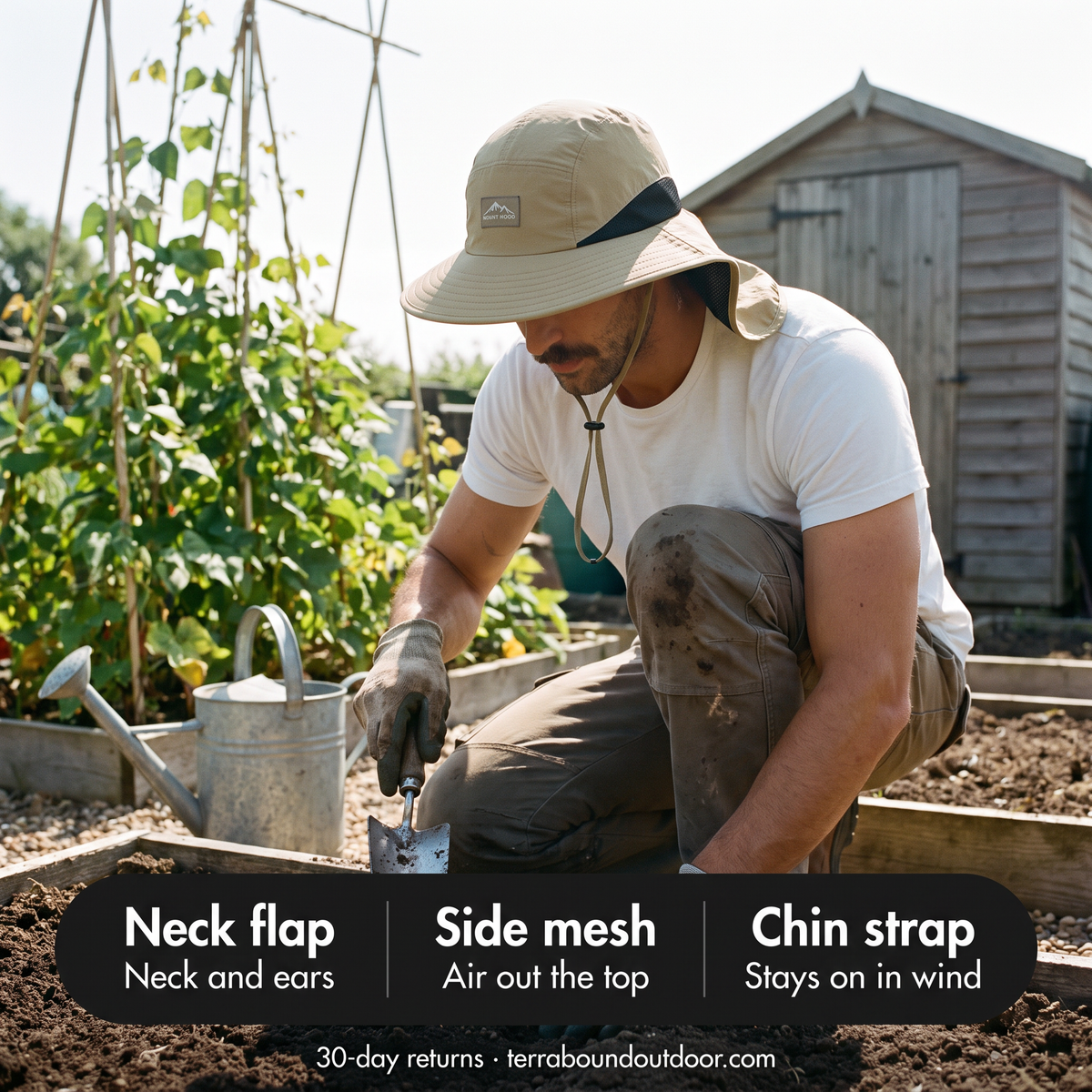 Man gardening at an allotment in the sun hat with neck flap, side mesh and chin strap