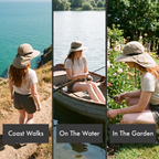 Woman wearing the sun hat on a coast walk, fishing from a boat and gardening
