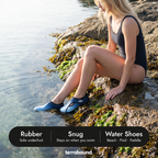 Woman sitting at a rock pool in Terrabound water shoes