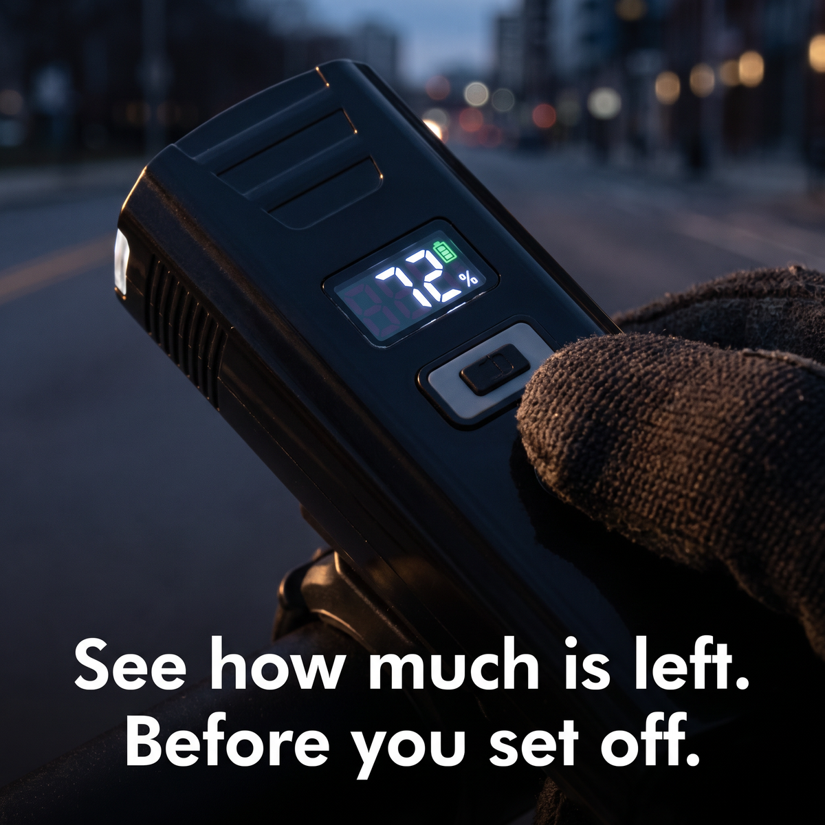 Battery percentage screen on top of the bike headlight reading 72%
