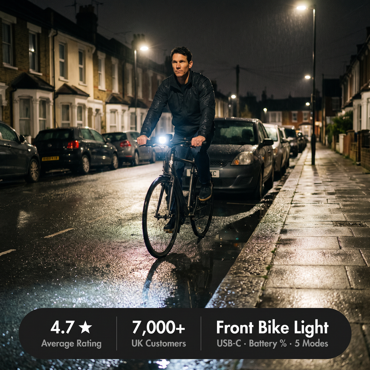 Cyclist on a wet terraced street at night with the front bike light on