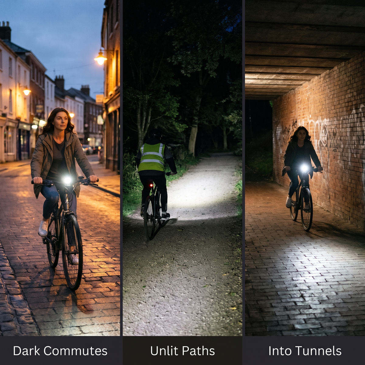 The front bike light on a town commute, an unlit path and in a tunnel