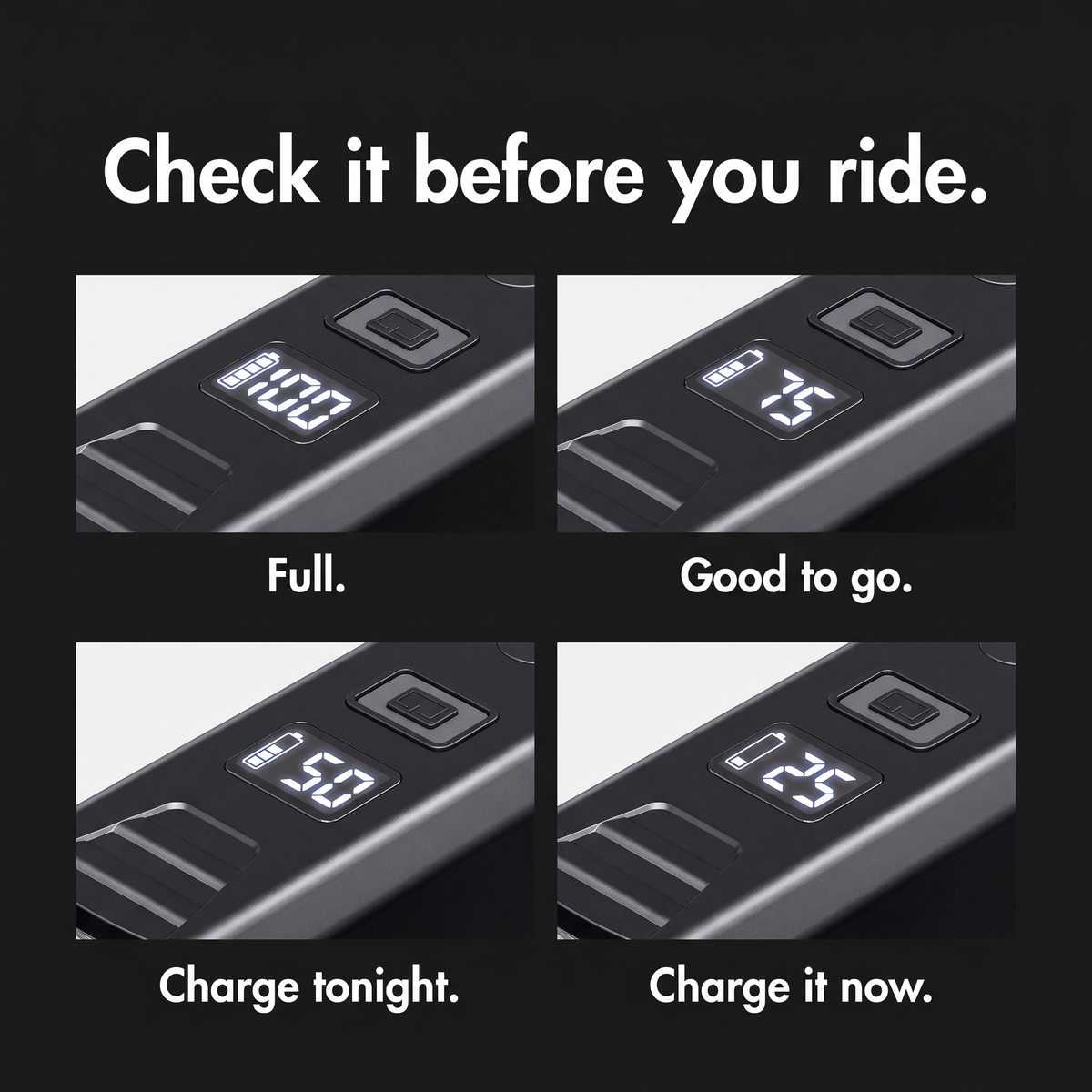 The battery screen at 100, 75, 50 and 25 percent, and when to charge