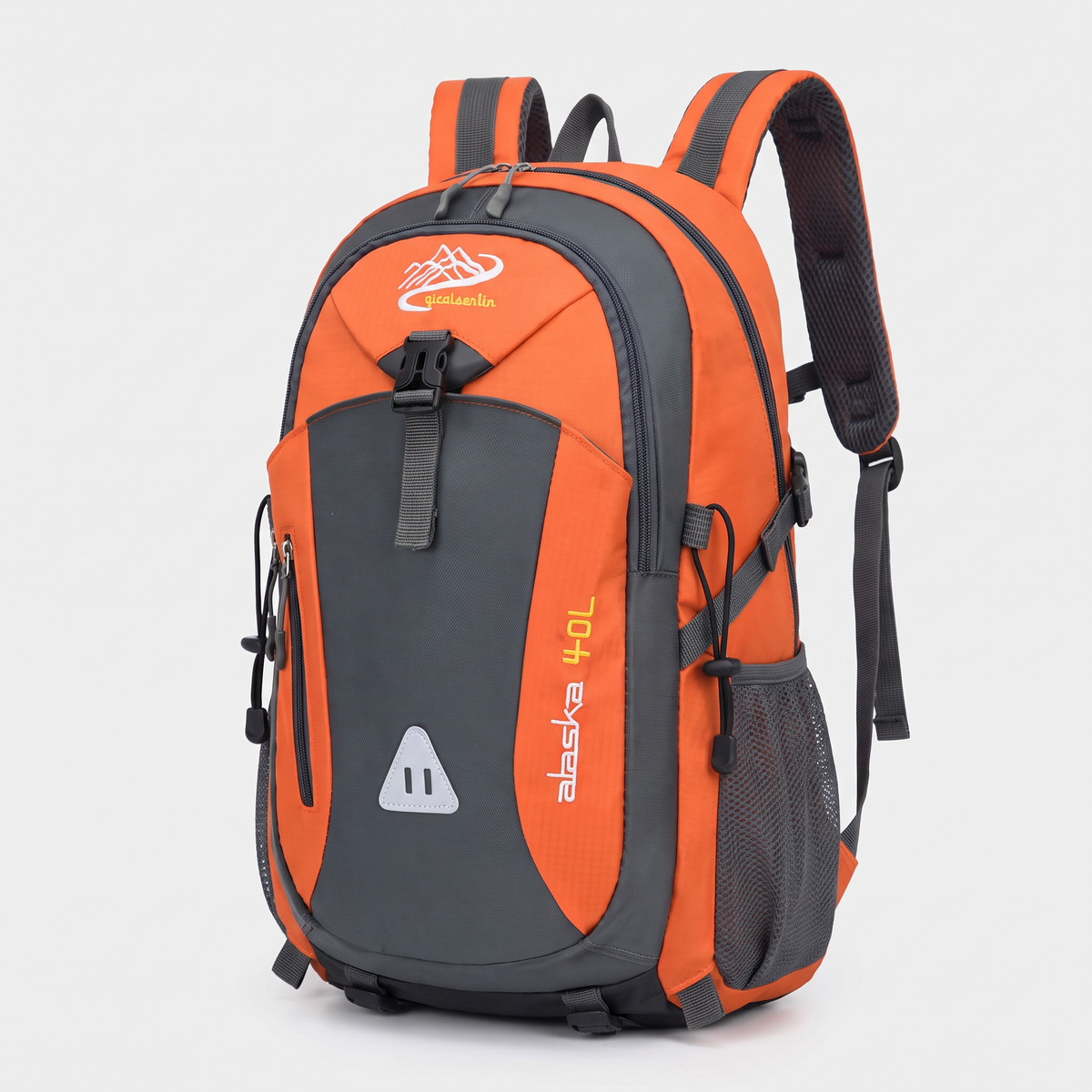 Terrabound 40L hiking rucksack in Orange, front three-quarter view on grey