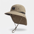 Khaki Tan sun hat with neck flap, front three-quarter view showing the wide brim, side mesh vent and chin strap