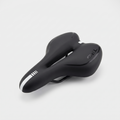 Terrabound comfort gel bike seat in black with an open cut-out down the middle, three-quarter view
