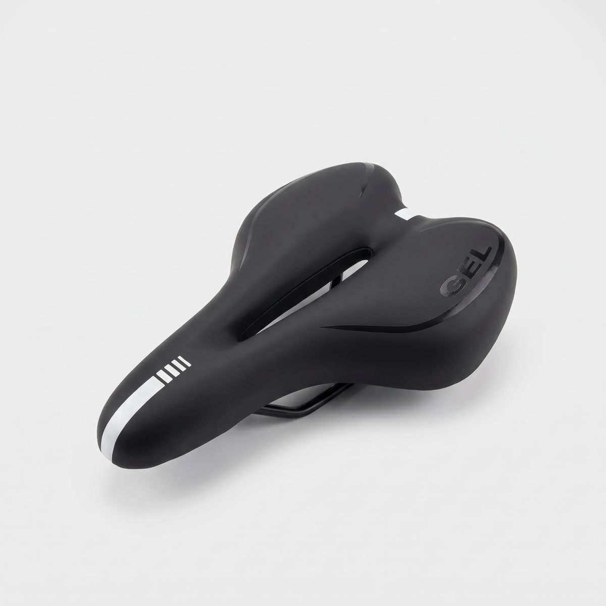 Terrabound comfort gel bike seat in black with an open cut-out down the middle, three-quarter view