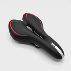 Comfort gel bike seat in black with red accent lines and an open centre cut-out