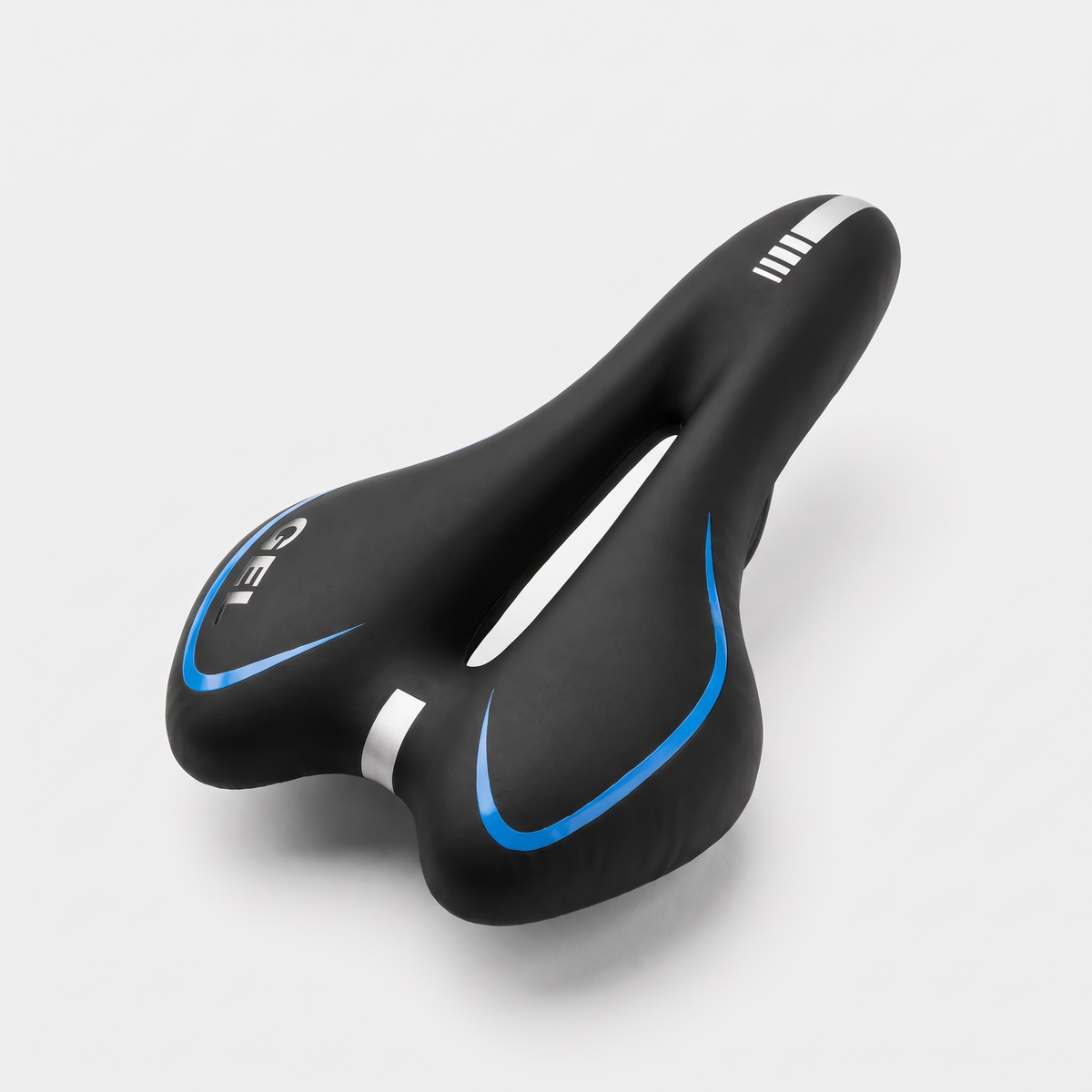 Comfort gel bike seat in black with blue accent lines and an open centre cut-out