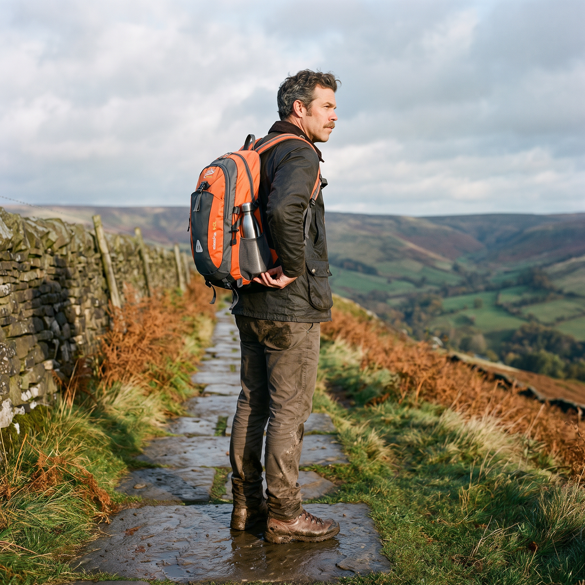 Walker on a Peak District gritstone edge taking a bottle from the side pocket of the Terrabound 40L hiking rucksack