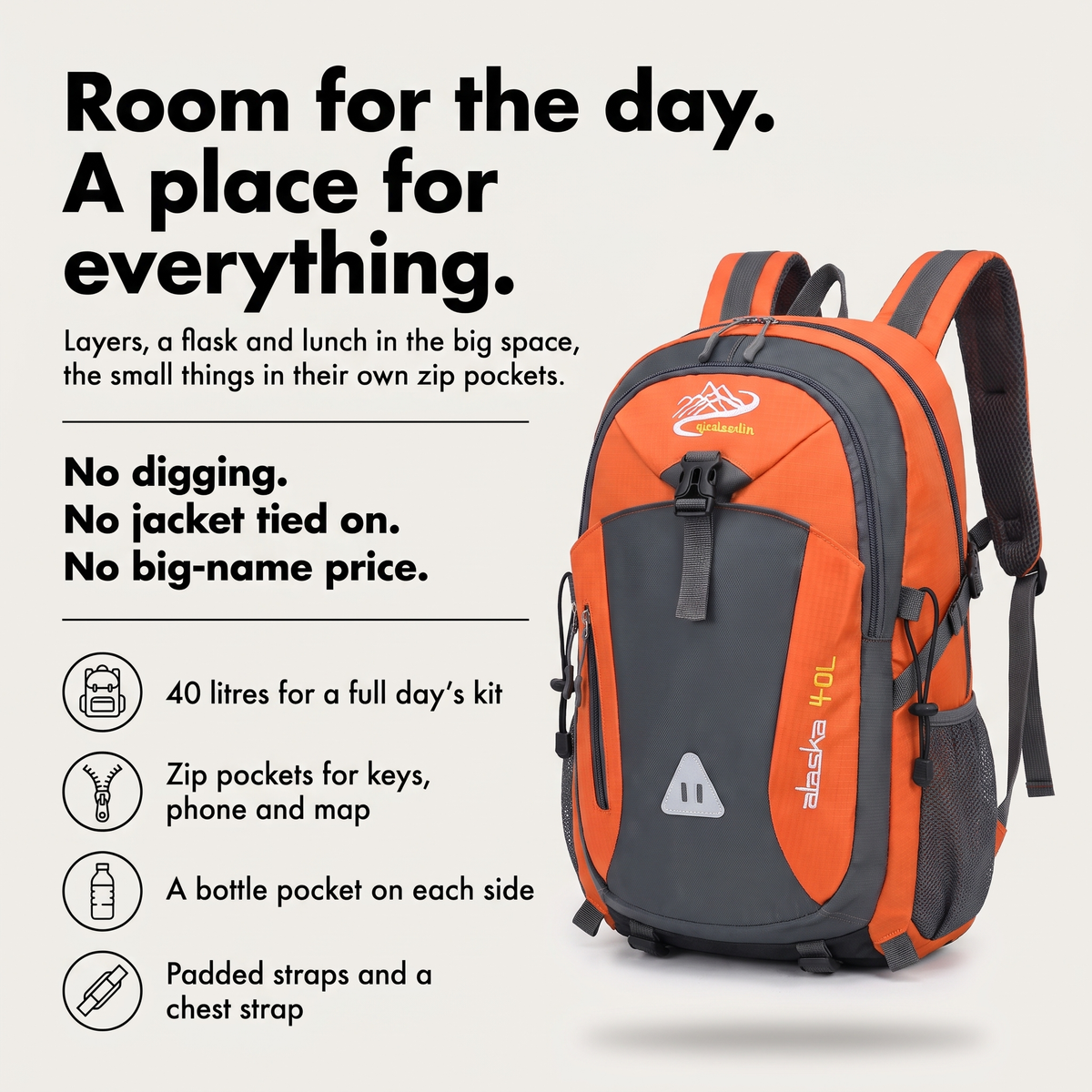 Terrabound 40L hiking rucksack infographic: room for the day, zip pockets for the small things, a bottle pocket each side, padded straps