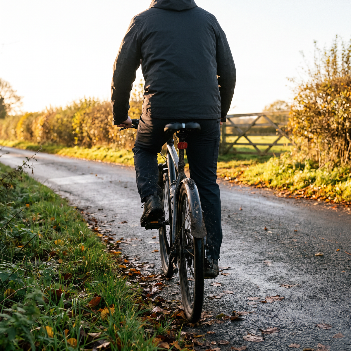 Rider freewheeling down an autumn country lane on a hybrid bike fitted with the gel bike seat