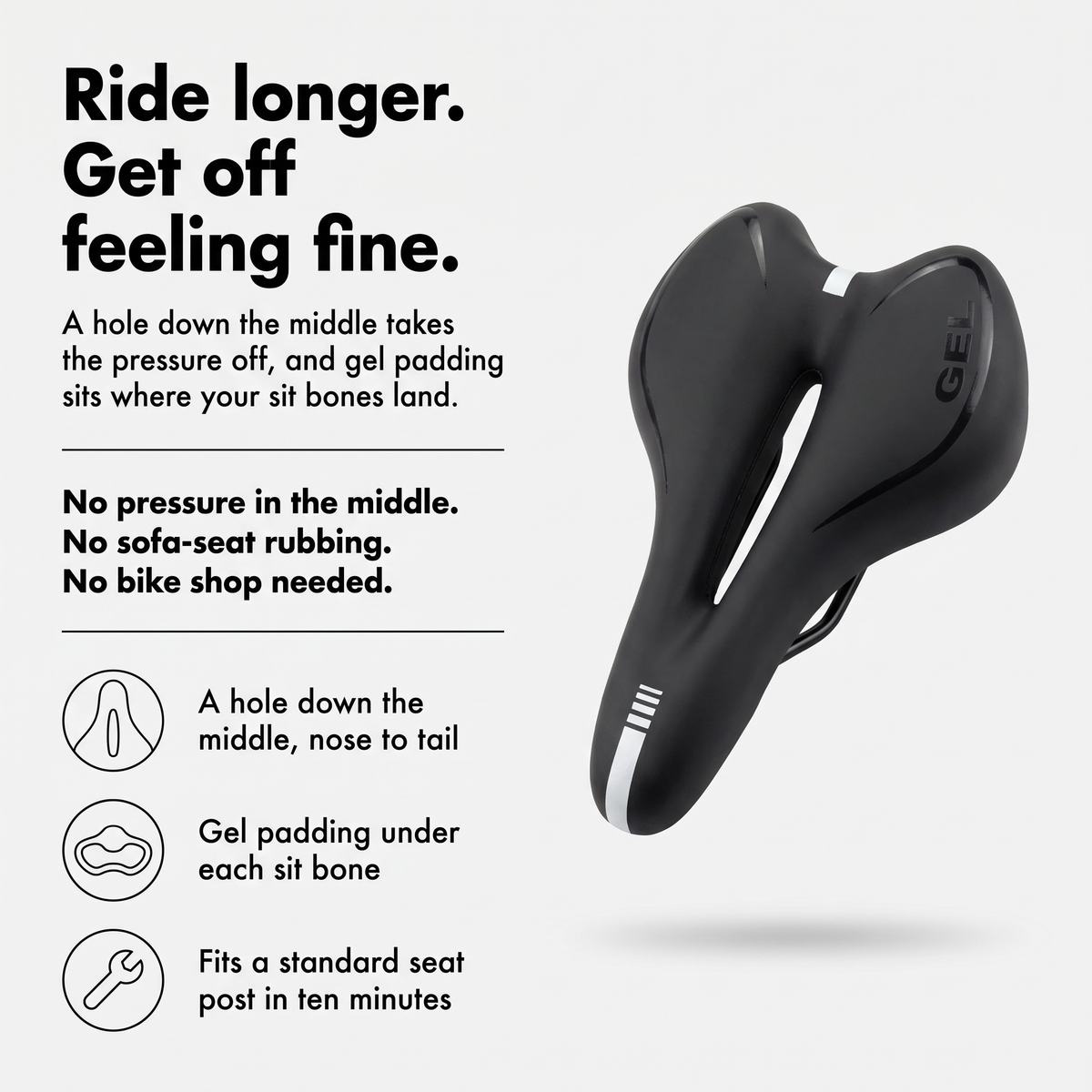 Infographic: ride longer and get off feeling fine, with the hole down the middle and gel under each sit bone
