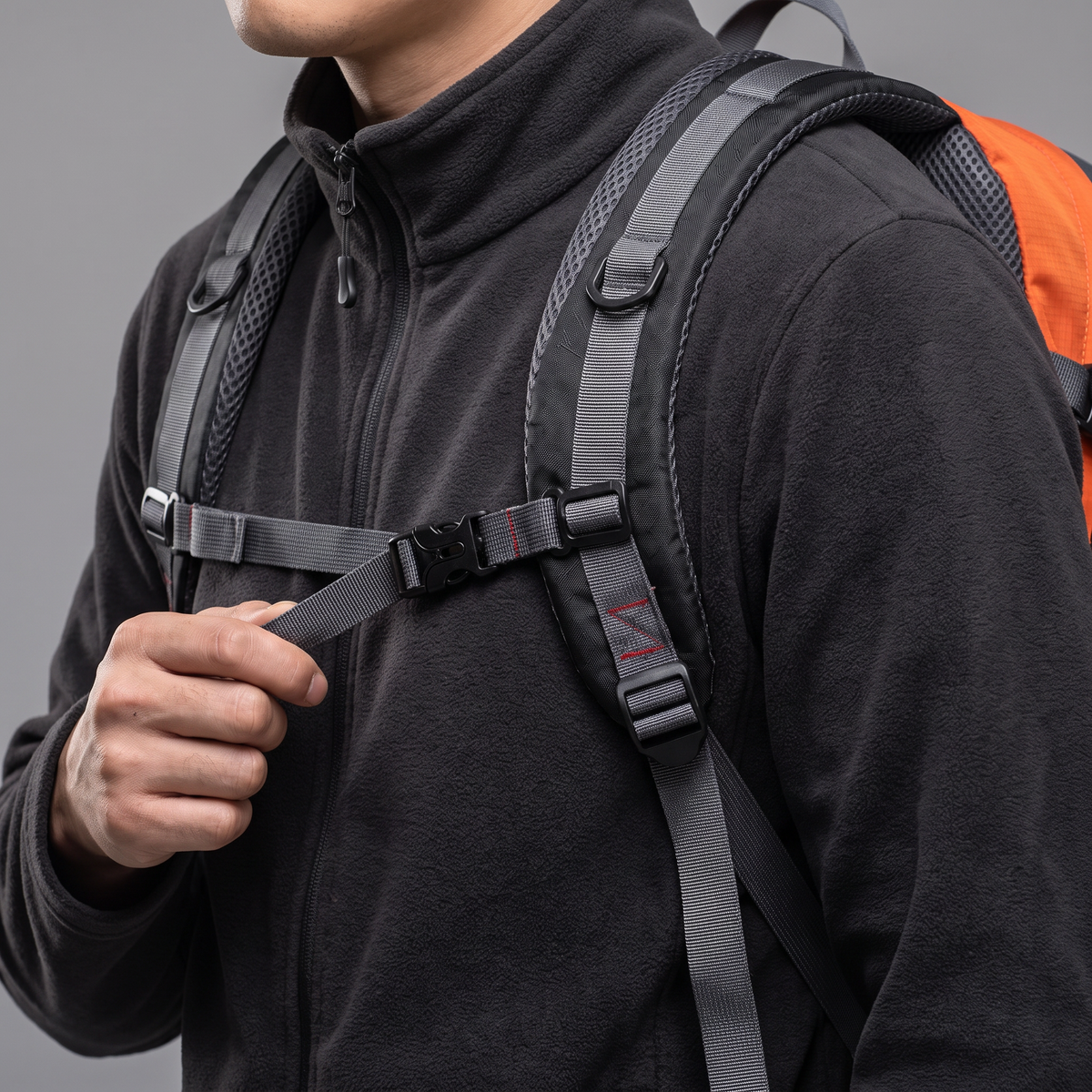 Close-up of the padded shoulder strap and chest strap on the Terrabound 40L hiking rucksack