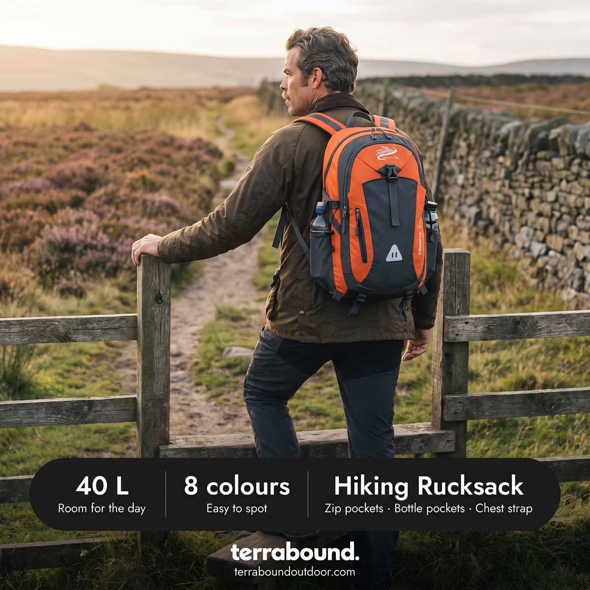 Walker at a moorland stile wearing the Terrabound 40L hiking rucksack, with capacity and colour details