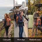Terrabound 40L hiking rucksack on a coast path, a railway platform and a campsite weekend
