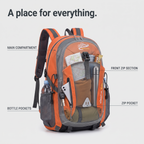 See-through view of the Terrabound 40L hiking rucksack showing the main compartment, front zip section, zip pocket and bottle pockets