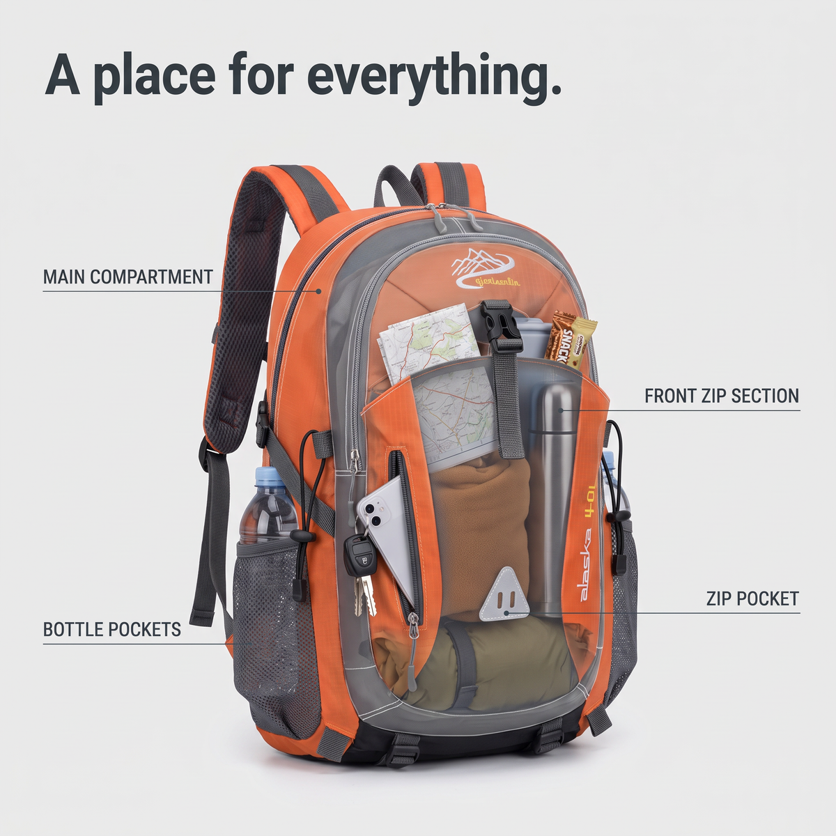 See-through view of the Terrabound 40L hiking rucksack showing the main compartment, front zip section, zip pocket and bottle pockets