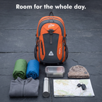 Terrabound 40L hiking rucksack beside a day's kit: two waterproofs, a fleece, a flask, a lunch box, a hat, a map and keys
