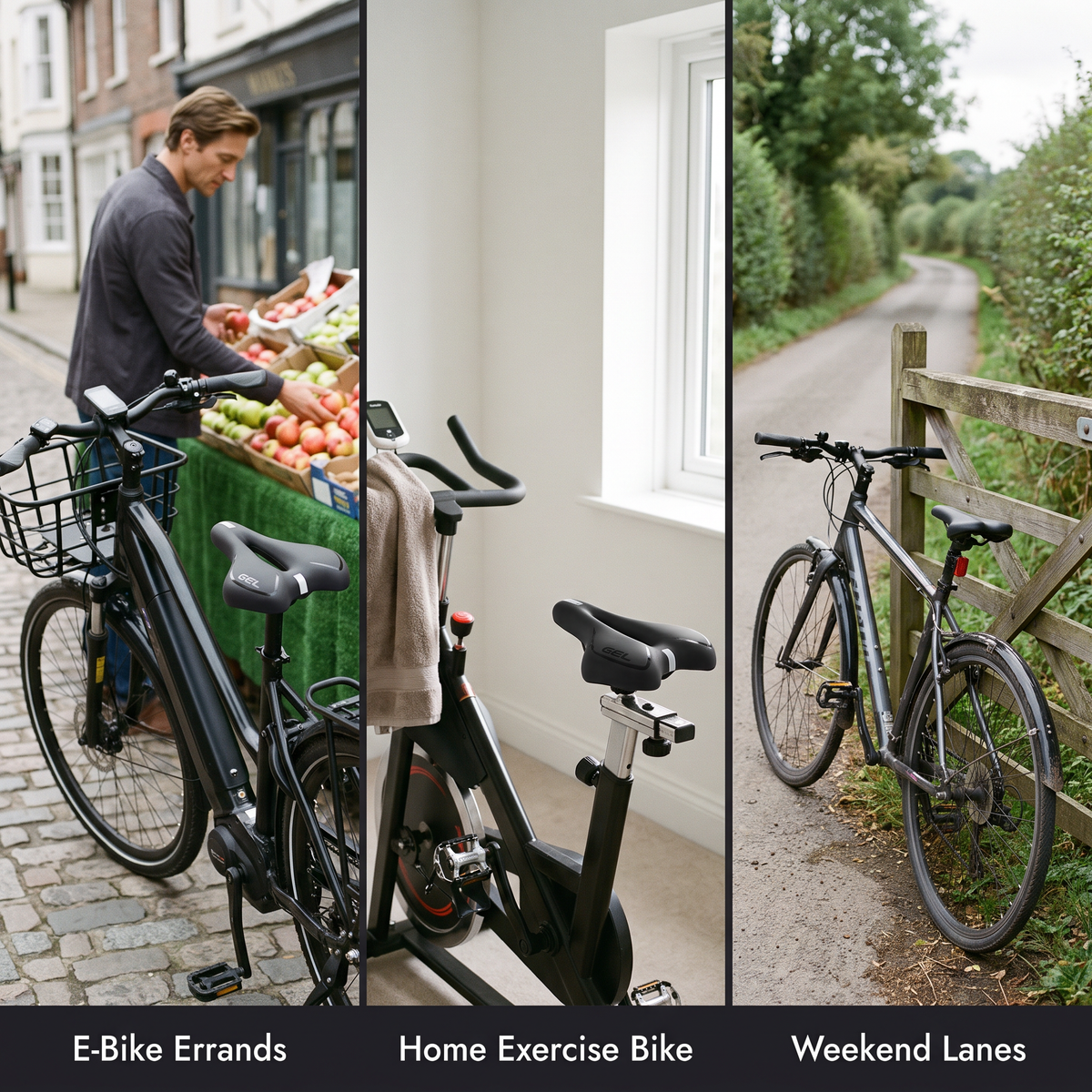 Three uses for the gel bike seat: e-bike errands, a home exercise bike and weekend lanes