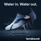 A Terrabound water shoe lifting out of the sea with water streaming out through the mesh