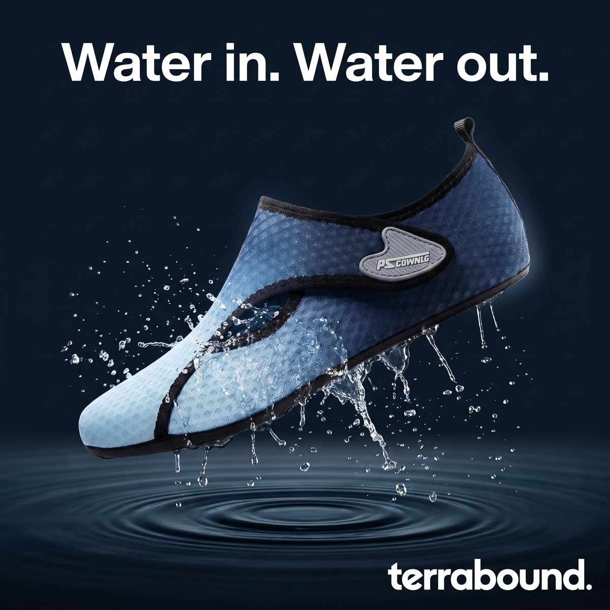 A Terrabound water shoe lifting out of the sea with water streaming out through the mesh