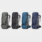 75L hiking rucksack in green, black, blue and dark blue