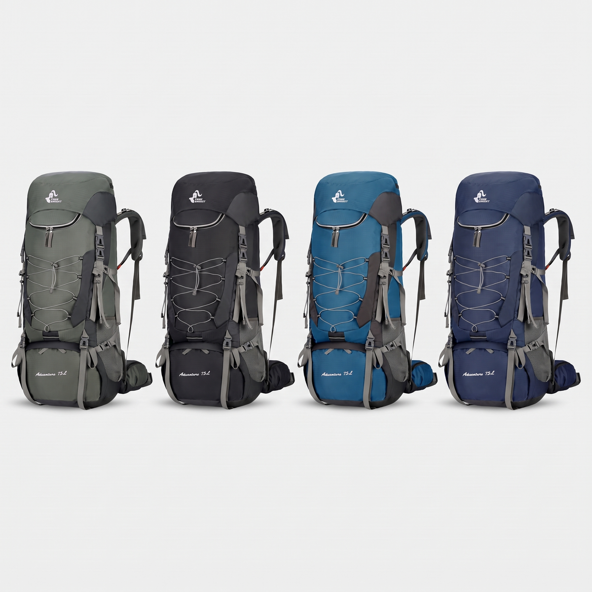 75L hiking rucksack in green, black, blue and dark blue