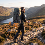 Walker carrying the 75L rucksack on a Highland path with a sleeping mat and trekking poles
