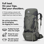 75L rucksack: padded hip belt takes the weight, straps for mat and poles, hip-belt pocket
