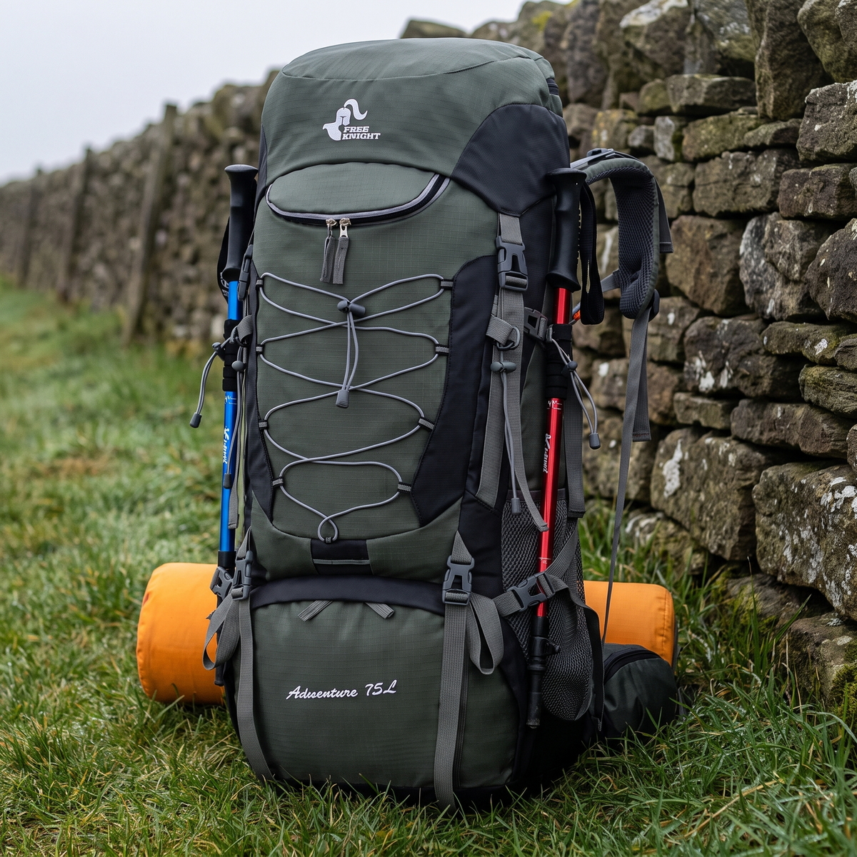 75L rucksack loaded with a sleeping mat and trekking poles by a stone wall