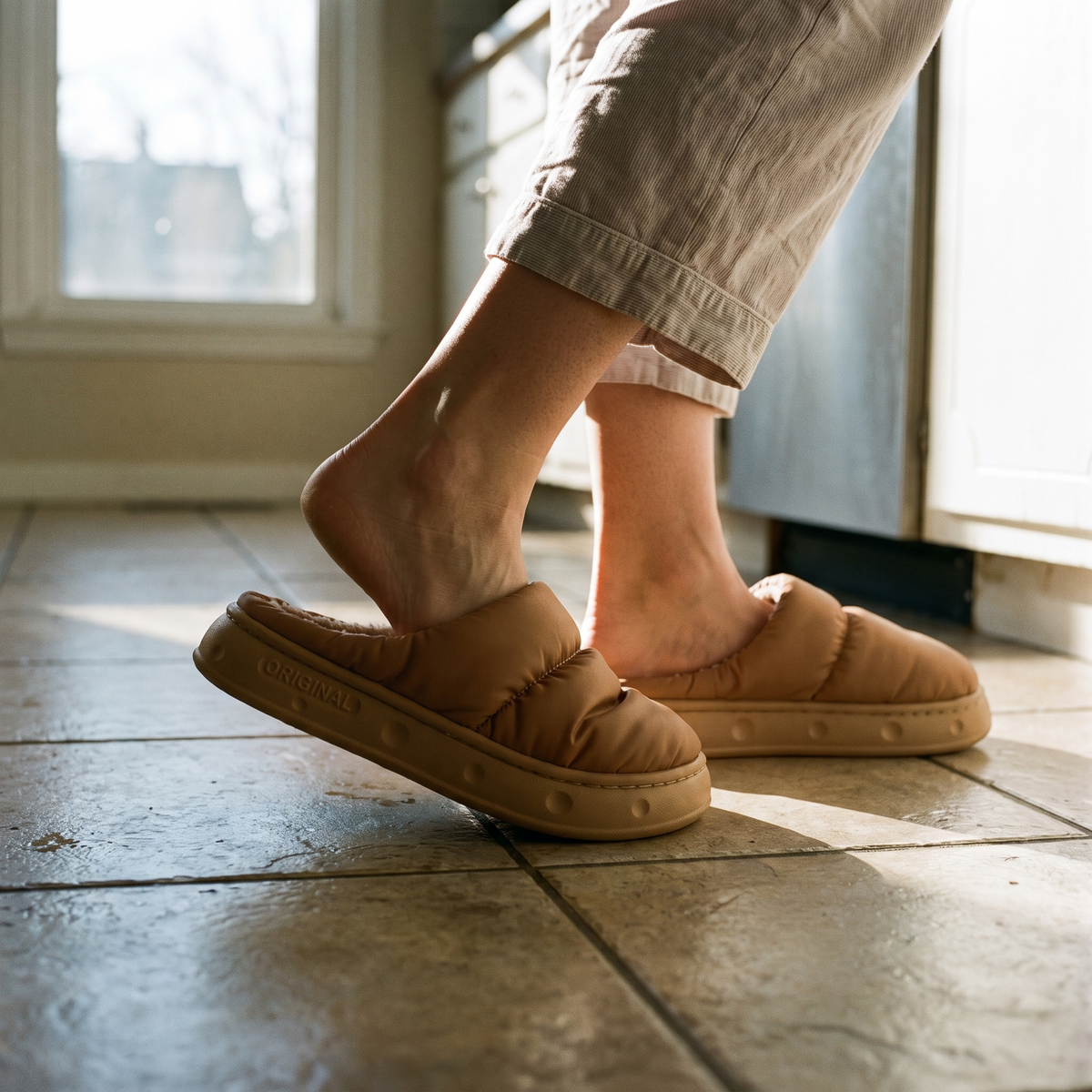 Stepping into Terrabound house slippers on a kitchen floor