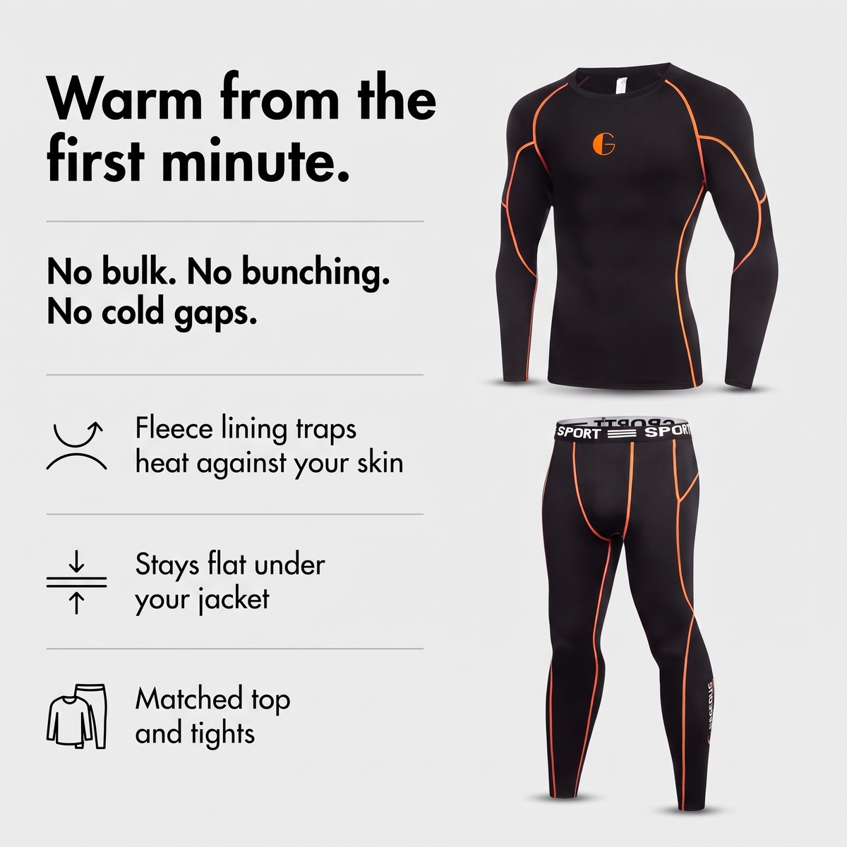 Fleece lined base layer set warm from the first minute infographic
