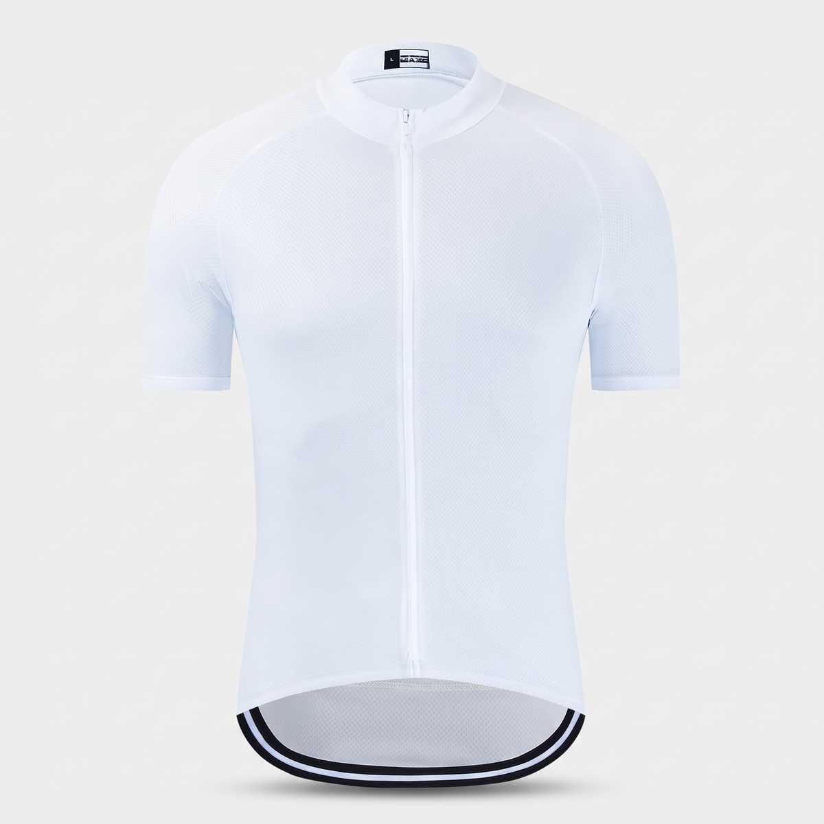 Men's cycling jersey in White, front view, full-length zip and low collar